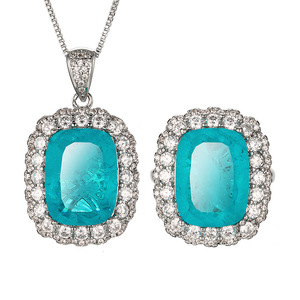 Ensemble de bijoux vintage pour femme, bague et pendentif géométriques en zircone cubique 12*16mm, sertis de zircone cubique, plaqué or blanc sur cuivre, pierre bleue - Product Image 1