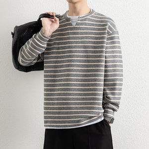 Suéter de Dos Piezas a Rayas de Punto para Hombre, Estilo Casual de Marca de Moda para Primavera y Otoño, Camiseta Holgada de Manga Larga - Product Image 3