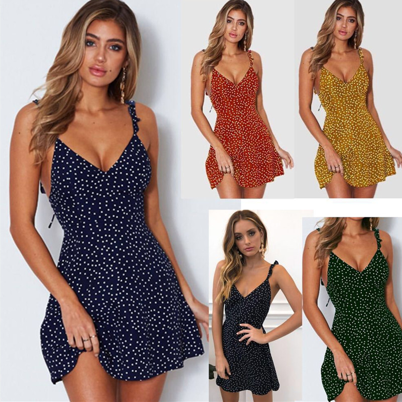 Various color v neck mini polka dot dress