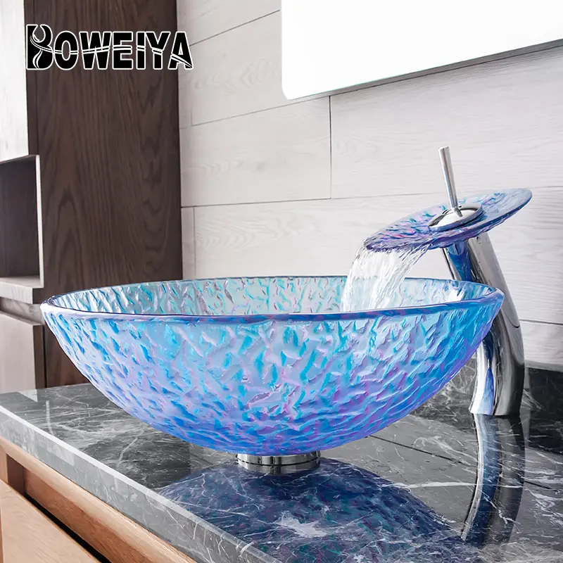 Boweiya Best Sell Good Looking Bathroom Vanity Blue White Transparent Tempered Glass Toilet Sink Cabinet Round Wash Basin Bowl