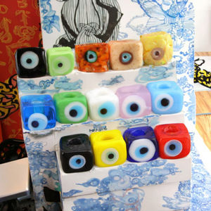 GP0978 Perles entretoises en verre soufflé coloré, motif œil porte-bonheur multicolore, à grand trou, en forme de cube, pour la création de bijoux - Product Image 3