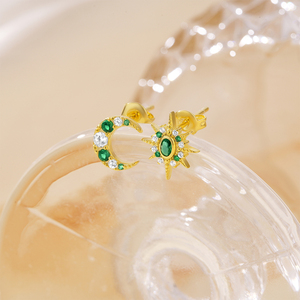 CANNER - Nuevos Pendientes de Verano con Diseño de Estrella y Luna, Plata S925, Chapados en Oro de 18k, con Circonitas Verdes y Blancas, para Mujer - Product Image 2