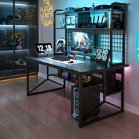 Bureau de jeu noir pour e-sport avec support pour écran et étagères de rangement, structure métallique, poste de travail pour joueurs