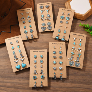 6 Pairs/Set Western Vintage Cowboy Style Bohemian Turquoise Stud Earrings Bull Head Horse <strong>Boots</strong> Alloy Ethnic Earrings <strong>Jewelry</strong> - Product Image 1