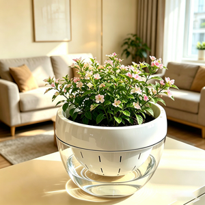Vaso Moderno Rotondo Bianco e Trasparente con Sistema di Auto-Irrigazione e Livello d'Acqua Visibile per Arredamento Interno - Product Image 2