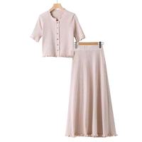 Nouvelle Collection 2026 – Ensemble Deux Pièces Tricoté et Perlé Sur Mesure : Haut Col Rond et Jupe pour Femme – Idéal Bureau et Trajet Quotidien – Mode Printemps-Automne