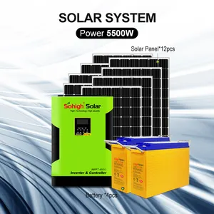 Sistema de energia solar de bateria 5500w, alta eficiência, sistema de energia solar com bateria conectada completa, grade ligada, sistema de energia solar doméstico