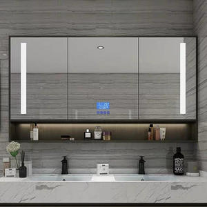 Miroir de salle de bain mural en bois massif avec éclairage LED intelligent moderne avec rangement pour la chambre à coucher et le salon - Product Image 3