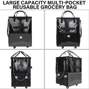 Double Decker Foldable Cart Portable Market Folding Trolley Collapsible Shopping Cart With <b>Storage</b> <b>Crate</b> Polyester Grocery Tote - Product Image 3