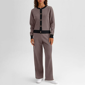 Ensemble de chandail décontracté pour femme avec logo personnalisé 2025, mode automne et hiver, cardigan, pantalon large, deux pièces. - Product Image 6