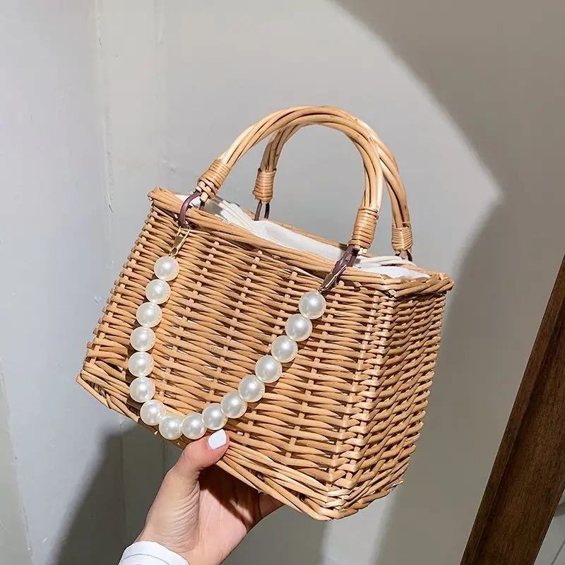 High Quality Square Silk Ribbon Hollow Out Pearl Handbags China Tote Beach Bags Straw Bucket Bag New Handbags