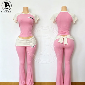 Conjuntos de <span class=keywords><strong>Ropa</strong></span> Y2K Personalizados para Mujer, Camiseta de Algodón Ajustada de Manga Larga <span class=keywords><strong>con</strong></span> Botones, Pantalones Acampanados, Leggings, Conjunto de 2 Piezas - Product Image 4