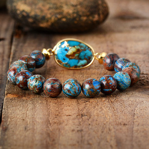 Amazonian Elastic Natural Stone <b>Beaded</b> Bracelet 10mm Golden <b>Thread</b> Pine Tianjiang Stone Bezel Setting Gift Jewelry - Product Image 2