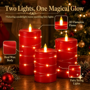 Battery Powered Pillar Real Wax Remote Control Timer 3d Flame Flickering Led <b>Candle</b> <b>Set</b> with Fairy Light for Christmas Decor - Product Image 5