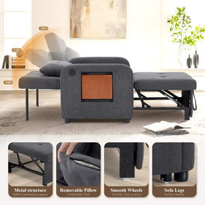 Sofá <span class=keywords><strong>Cama</strong></span> Individual de Tela Tipo Futón, Sofá Pequeño con <span class=keywords><strong>Cama</strong></span> Extraíble, Puerto USB, Mesa Plegable y Respaldo Ajustable para Dormitorio - Product Image 5