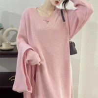 Robe pull décontractée surdimensionnée pour femmes, tricotée, col en V, ajourée, côtelée, manches longues, automne et hiver