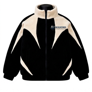 Men's Black & for Solid <b>Fleece</b> <b>Jacket</b> <b>with</b> Stand Collar Zipper Closure Thick Warm Casual Winter Coat Front Logo Sherpa <b>Lining</b> - Product Image 3