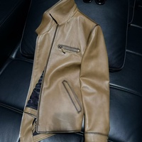 Veste en cuir de mouton vintage pour homme, col rabattable, fermeture éclair, passepoil contrastant, poche poitrine, patchwork, respirante, décontractée, olive