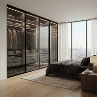 Armoire de rangement ouverte sur mesure, moderne et luxueuse, avec portes coulissantes en verre trempé et accessoires de rangement pour villa