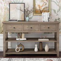 Table console rustique avec 3 tiroirs et 2 étagères ouvertes en bois, table d'entrée, table de canapé, vente en gros pour salon, couloir