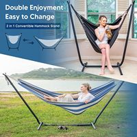 Hamac convertible 2 en 1 avec support en acier robuste inclus, pour le camping, la cour, l'extérieur, bleu et blanc rayé