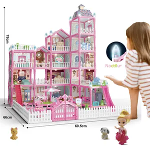 假装玩女孩公主玩具配件家具DIY组装塑料大尺寸梦幻粉色娃娃屋带男孩和女孩娃娃