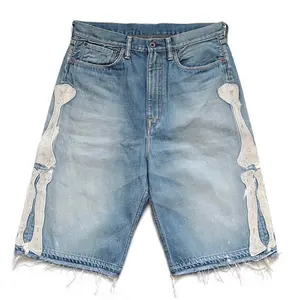 Hochwertige Herren Cowboy Knielänge 100 % Baumwolle gestrest gewaschen roh Hem Denim zerrissene Jeans Shorts Pullover