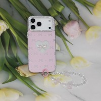 Coque de téléphone Coquette à motif nœud avec cadre d'appareil photo 3D orné de strass et de diamants, et dragonne transparente perlée pour iPhone X~17 Samsung Redmi