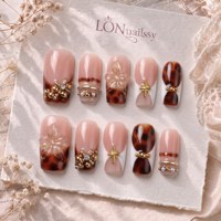 Uñas Postizas Francesas con Incrustaciones de Esmalte Dorado, Curva Cuadrada de 2.5, Hechas a Mano, de PMMA, Cobertura Total, Desmontables y Reutilizables