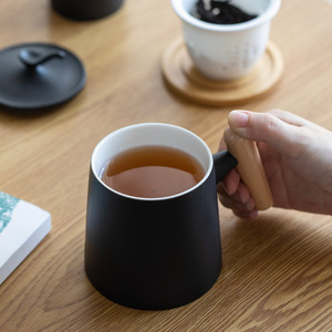Ceramic <b>Mug</b> With Wooden Handle And Lid 301-400ml <b>Large</b> Capacity Tea Water Cup For Office Use - Product Image 4
