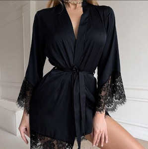 Pyjama en soie glacée grande taille pour femmes, automne et hiver, dentelle patchwork, nuisette sexy - Product Image 2