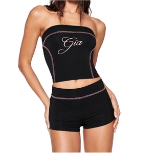 Ensemble 2 pièces sexy d'été pour <span class=keywords><strong>femme</strong></span> : débardeur imprimé lettres et short de yoga - Product Image 3