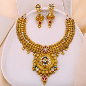 Traditional Gold Necklace Set with Red Green and White <b>Stones</b> and Matching Earrings for Women Ethnic Jewelry for Special - Product Image 3