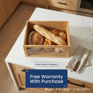 Thai Hua Bamboo Bread Box With Cutting Board Lid Transparent Window For Bread <b>Storage</b> <b>Kitchen</b> Desktop Use - Product Image 4