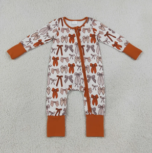 Ensemble prêt à expédier pour bébés filles : barboteuse à fermeture éclair, haut à manches longues et pantalon, imprimé nœuds, collection automne - Product Image 3