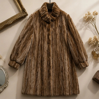 Manteau mi-long en fausse fourrure de vison 100 % polyester dégradé marron pour femme, col montant à volants, poignets bouffants, vêtement d'extérieur chaud et luxueux en fourrure