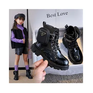 Black fashion trend Girls' Leather fabric Boot Pour British Style lace up zipper children's Cotton Shoes winter boots