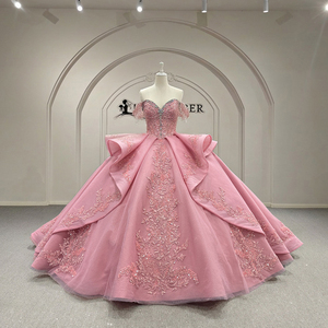 Vestido de Quinceañera Rosa Xy001, Largo hasta el Suelo, Talla Grande, con Apliques, Lentejuelas, Cristales, Espalda con Cordones, Lavable, Servicio OEM - Product Image 5