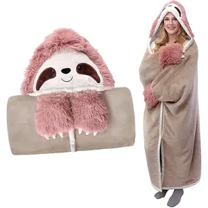 Cartoon cute sloths can wear hooded blanket sweater with gloves lamb soft Lazy hoodie blanket for home TV blanket