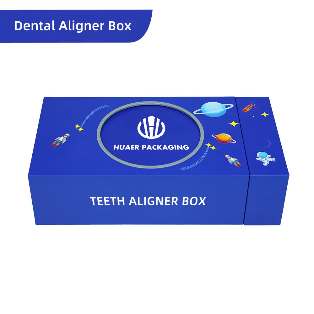 Cajas de embalaje de Alineadores transparentes personalizados de lujo, cajón azul laminado mate, caja de alineador de ortodoncia para niños