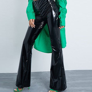Mode coréenne vente en gros nouvel arrivage <span class=keywords><strong>pantalon</strong></span> taille haute en cuir PU <span class=keywords><strong>bleu</strong></span> noir pour femmes <span class=keywords><strong>pantalon</strong></span> évasé de couleur personnalisée pour femmes - Product Image 4