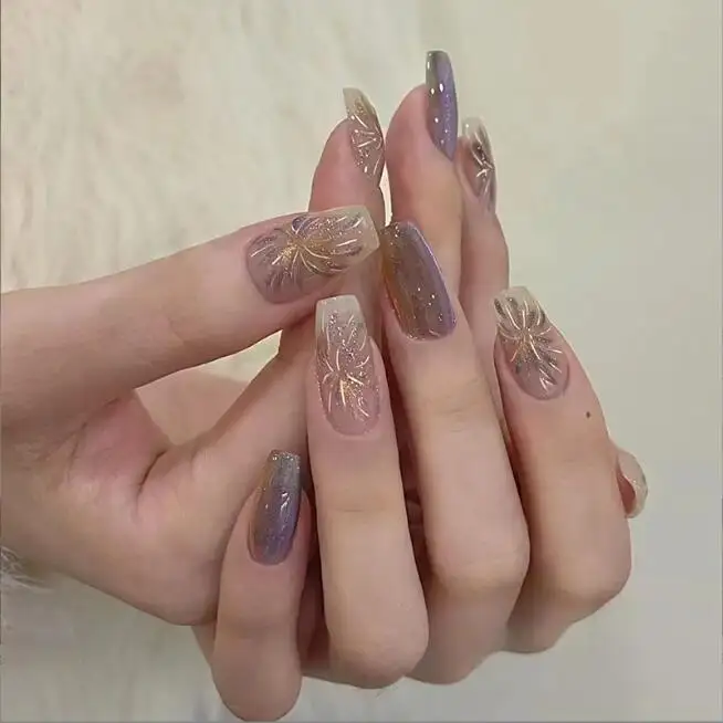 Medium-length ballet false nail tips purple color fireworks cat's eye false nails removable wholesale press on nails