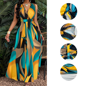 Abito lungo da donna casual con scollo all'americana, stampa color block, scollo a V profondo, cintura e vestibilità fluida, ideale per feste estive tropicali - Vendita all'ingrosso - Product Image 4