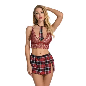 Plus Size Cheerleader Uniformen Sexy Lingerie Hot Erotische Cosplay Babydoll Plaid Rok Tweedelige Uniform Schoolmeisje Outfit