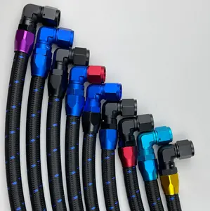 Conjunto de mangueiras de combustão de óleo de motor trançado preto azul, peças de corrida, acoplamentos de mangueira dobrados a 90 graus e adaptadores