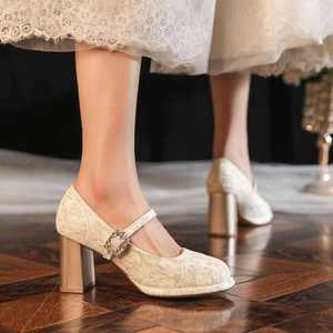 Escarpins Mary Jane à lacets, bout rond, talon carré, chaussures de mariage 7555A - Product Image 1