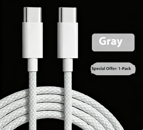 Gray Braided Type-C to Type-C Fast Charging Cable, PD60W/100W USB-C Data Cord for iPhone 15/16, MacBook, Phones