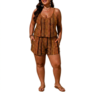Combinaison rayée sans manches en deux pièces pour femme – Combinaison décontractée en jersey grande taille pour les vacances - Product Image 1