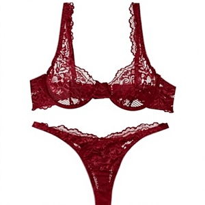 Conjunto de sujetador y braga de encaje floral color rojo vino para mujer, lencería de 2 piezas con tirantes no ajustables - Product Image 1