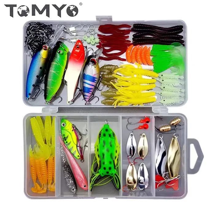 ToMyo offre spéciale 75 pièces/94 pièces/109 pièces équipement de pêche, crankbait, minnow popper vib, ensemble de leurres de pêche durs et souples, kit d'appâts